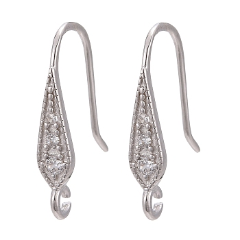 Anti-Tarnish Rhodium Plated 925 Sterling Silver, with Micro Pave Cubic Zirconia Earring Hooks, with 925 Stamp, Platinum, 17x3.5mm, Hole: 1mm, 20 Gauge, Pin: 0.8mm
