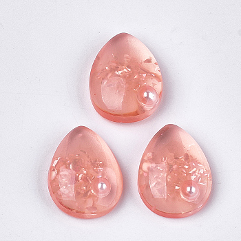 Translucent Resin Cabochons, with Shell Chip & ABS Plastic Imitation Pearl, teardrop, Light Coral, 20x15x6mm