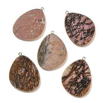 Natural Rhodonite Pendants, Rack Plating Brass Egg Charms, Golden, 41.5~43x30.5~31x2.4mm, Hole: 1.3~2mm