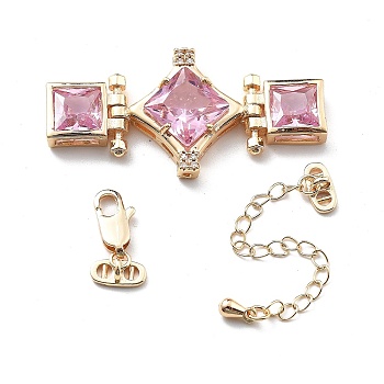 Brass & Cubic Zirconia & Glass Watch Band Clasps, with Chain Extender and Lobster Claw Clasps, Rhombus with Square, Pearl Pink, 21.5x43.5x6.5mm, Hole: 1.3mm