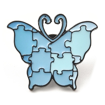 Black Alloy Brooches, Butterfly Puzzle Enamel Pins for Women, Light Cyan, 25x29x2mm