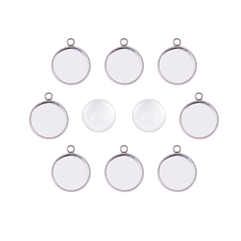 DIY Pendant Making, 304 Stainless Steel Pendant Cabochon Settings and Flat Round Glass Cabochons, Clear, Stainless Steel Color, Cabochon Settings: 16.5x13.5x2mm, Hole: 1.6mm, Tray: 12mm, Cabochons: 12x6mm