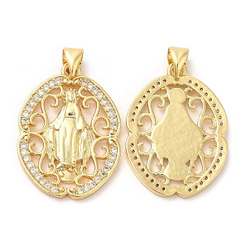 Rack Plating Brass Pendants, with Cubic Zirconia, Oval with Saint, Real 16K Gold Plated, 25x18x2mm, Hole: 4x3.5mm