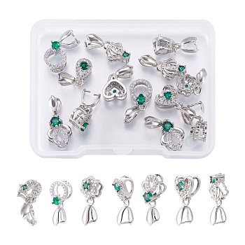14Pcs 7 Style Brass Micro Pave Cubic Zirconia Ice Pick Pinch Bails, Platinum, Crown & Heart & Ring & Flower & Teardrop, Green, 16~19.5x6~9.5x5.5~7mm, Hole: 2.6~4.8x2~2.2mm, Pin: 0.8mm, 2pcs/style