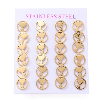 304 Stainless Steel Stud Earrings, Hypoallergenic Earrings, with Ear Nuts, Flat Round with Heart, Golden, 10mm, Pin: 1mm, 12pairs/board