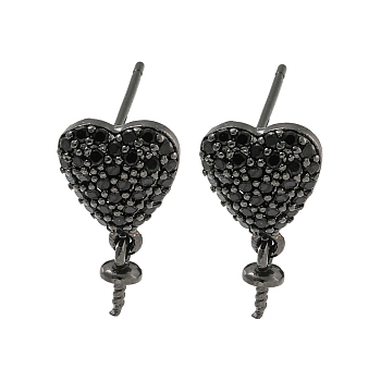 Rack Plating Brass Micro Pave Black Cubic Zirconia Stud Earring Finding, Cadmium Free & Lead Free, Long-Lasting Plated, Heart, Black, 10x9mm, Pin: 11x1mm