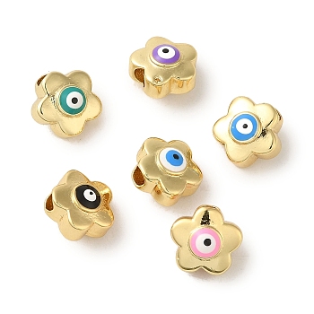 Brass Enamel Beads, Real 18K Gold Plated, Flower with Evil Eye, Mixed Color, 10x10x7mm, Hole: 2.5mm