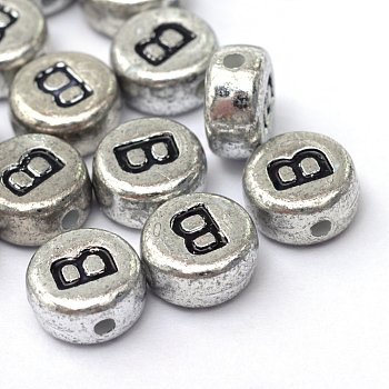 Plated Acrylic Horizontal Hole Letter Beads, Flat Round, Letter.B, 7x4mm, Hole: 1.3mm, about 612pcs/85g