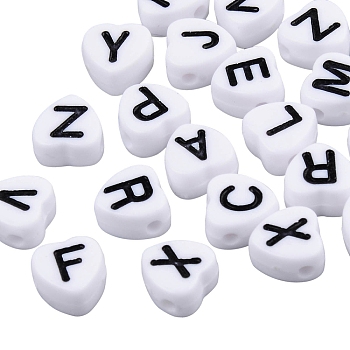 White Opaque Acrylic Enamel Beads, Heart with Mixed Black Letters, 7x7x4mm, Hole: 1.5mm, about 1200pcs/200g
