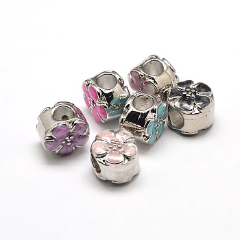 Platinum Plated Flat Round with Plum Blossom Flower Alloy Enamel European Beads, Large Hole Beads, Mixed Color, 12x9mm, Hole: 4.5mm