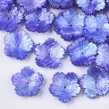 5-Petal Two Tone Plastic Bead Caps, with Glitter Powder, Flower, Blue, 25.5x26x7mm, Hole: 1.2mm