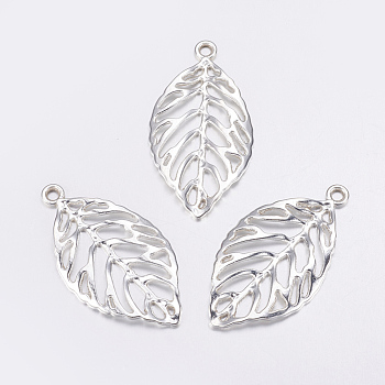 Alloy Pendants, Cadmium Free & Nickel Free & Lead Free, Leaf, Silver Color Plated, 49.5x27.5x2mm, Hole: 3.5mm