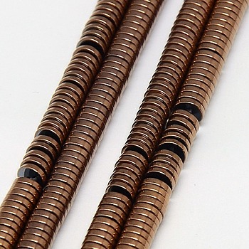Electroplate Non-magnetic Synthetic Hematite Beads Strands, Heishi Beads, Flat Round/Disc, Grade A, Copper Plated, 3x1mm, Hole: 1mm, about 400pcs/strand, 16 inch