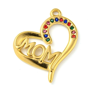 Ion Plating(IP) Real 18K Gold Plated 304 Stainless Steel Rhinestone Pendants, Heart with Word Mom Charms, for Mother's Day, Colorful, 26x22x2mm, Hole: 1.5mm