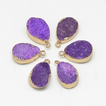 Natural Druzy Agate Pendants, Dyed, teardrop, with Golden Tone Brass Findings, Medium Purple, 27~35x17~21x5~12mm, Hole: 1~2mm