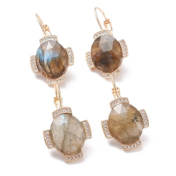 Natural Labradorite Leverback Earrings, with Golden Plated Brass Findings and Clear Cubic Zirconia, Faceted, Oval, 33mm, Pin: 0.9mm, Pendant: 20x17.5x5.5mm