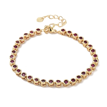 Rack Plating Brass Pave Cubic Zirconia Flat Round Link Bracelets for Women, Real 18K Gold Plated, Cadmium Free & Lead Free, Long-Lasting Plated, Medium Violet Red, 7-1/4x1/8 inch(18.3x0.4cm)