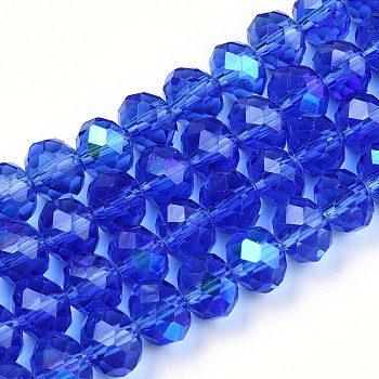 Electroplate Glass Beads Strands, Half Rainbow Plated, Faceted, Rondelle, Medium Blue, 8x6mm, Hole: 1mm, about 65~68pcs/strand, 15.7~16.1 inch(40~41cm)