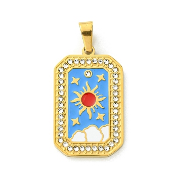 Ion Plating(IP) 304 Stainless Steel Pendants, with Enamel and Rhinestone, Rectangle with Tarot Charm, Real 18K Gold Plated, Dodger Blue, 32x19.5x2mm, Hole: 6.5x4mm