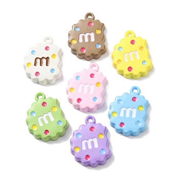 Spray Paint Alloy Enamel Pendants, Rack Plating, Cookie with Letter m Charms, Mixed Color, 21x15.5x4mm, Hole: 1.8mm