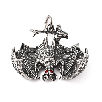 316 Surgical Stainless Steel Pendants, with Rhinestone and Jump Ring, Bat Charm, Antique Silver, 33.5x41.5x6.5mm, Hole: 6.5mm