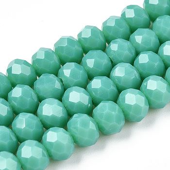 Opaque Solid Color Imitation Jade Glass Beads Strands, Faceted, Rondelle, Light Sea Green, 4x3mm, Hole: 0.4mm, about 113~115pcs/strand, 41~41.5cm