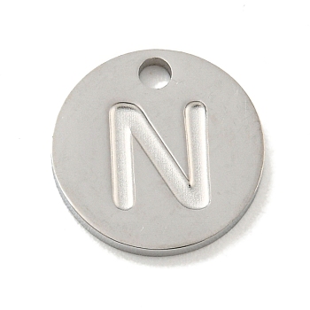 Non-Tarnish 304 Stainless Steel Pendants, Laser Cut, Flat Round with Letter Charm, Stainless Steel Color, Letter N, 10x1mm, Hole: 1.4mm