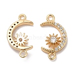 Brass Micro Pave Clear Cubic Zirconia Connector Charms, Cadmium Free & Nickel Free & Lead Free, Moon Links with Sun, Real 18K Gold Plated, 16x9x3mm, Hole: 1.2mm(KK-B074-12G)