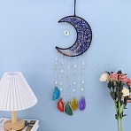 Copper Wire Wrapped Natural Lapis Lazuli Chips Moon Suncatcher, Glass & Natural Agate Slice Window Hanging Decor for Home, 670x180x14mm(HJEW-H065-10A)