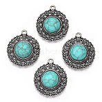 Synthetic Turquoise Pendants, Oval Charms, with Tibetan Style Alloy Findings, Antique Silver, 27x23x6.5mm, Hole: 2mm(PALLOY-TAC0044-58AS)