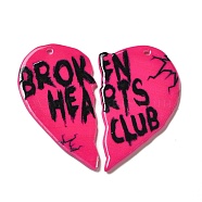 Acrylic Split Pendants, Heart with Word Broken Heart Club Charm, Deep Pink, 45.5~46.5x26~30x2.3~2.8mm, Hole: 1.5~1.8mm, 2pcs/set(MACR-G059-17)