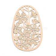 Brass Pendants, Etched Metal Embellishments, Hollow Out Oval with Flower, Light Gold, 40x24x0.2mm, Hole: 1.6mm(KK-P193-01KCG)