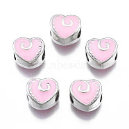 Alloy Enamel European Beads, Large Hole Beads, Cadmium Free & Lead Free, Antique Silver, Heart, Pink, 10x11x8mm, Hole: 4.5mm(MPDL-T005-002E-RS)