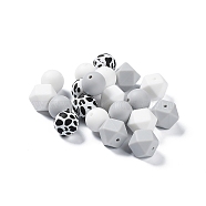 Round/Polygon Food Grade Silicone Focal Beads, Chewing Beads For Teethers, DIY Nursing Necklaces Making, Leopard Cow Pattern, Light Grey, 14~15x15~18x14~15mm, Hole: 2.3~2.5mm, 20pcs/bag(SIL-F003-06D)