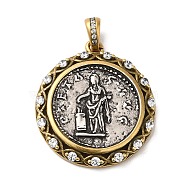 Brass with Cubic Zirconia Pendants, Long-Lasting Plated, Cadmium Free & Lead Free, Flat Round with Human, Antique Silver & Antique Golden, 29x25.5x4mm, Hole: 5x3mm(KK-Z033-13AS)