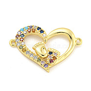 Rack Plating Brass Micro Pave Colorful Cubic Zirconia Heart with Footprint Connector Charms, Cadmium Free & Lead Free, Long-Lasting Plated, Real 18K Gold Plated, 17.5x26.5x3mm, Hole: 1.2mm(KK-P270-22G)