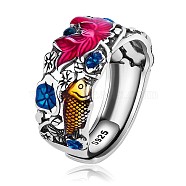 Rhodium Plated 925 Sterling Silver Koi Fish with Lotus Adjustable Ring with Enamel for Women, Colorful, US Size 7 1/4(17.5mm)(JR930A)