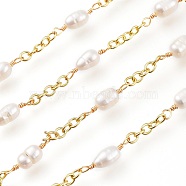 Handmade Beaded Brass Cable Chain, with Natural Freshwater Pearl Beads, Soldered, Golden, Link: 3x2.5x0.5mm, Pearl: 6.5x4x4mm, about 25yards/roll(22.86m/roll)(CHC-A003-08G)