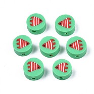 Handmade Polymer Clay Beads, Flat Round with Fish Pattern, Spring Green, 9.5~10x4.5mm, Hole: 1.8mm(CLAY-N007-005-03)