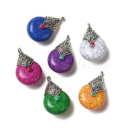 Tibetan Style Brass Synthetic Turquoise Dyed Pendants, Teardrop Charms, Antique Silver, Mixed Color, 37x23x16mm, Hole: 3mm(G-XCP0001-14)