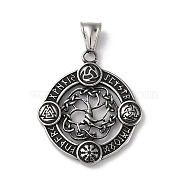 Viking Runes 304 Stainless Steel Pendants, Flat Round with Tree of Life Charm, Antique Silver, 38x33x3mm, Hole: 9x4mm(STAS-D014-17AS)