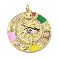 Brass Clear Cubic Zirconia Enamel Pendants, with Jump Ring, Long-Lasting Plated, Lead Free & Cadmium Free, Flat Round with Eye Pattern, Colorful, 38.5x35.5x4mm, Jump Ring: 6x1mm, 4mm Inner Diameter(ZIRC-C024-23G)
