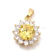 Brass Micro Pave Clear Cubic Zirconia Pendants, with Yellow Glass, Flower Charm, Real 18K Gold Plated, 16.5x14x6mm, Hole: 5x2.5mm(KK-I695-051G)