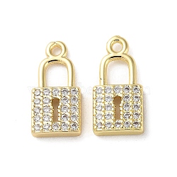 Brass Micro Pave Cubic Zirconia Pendants, Lock Charms, Real 18K Gold Plated, 15x7x2.5mm, Hole: 1.3mm(KK-F872-16G-01)