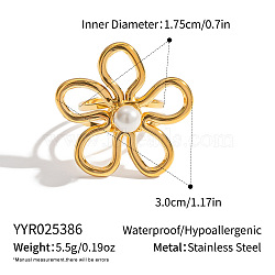 European Style 304 Stainless Steel Hollow Flower Cuff Rings for Women, with Round Imitation Pearl, Real 18K Gold Plated, US Size 7 1/4(17.5mm)(ST2158-2)