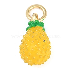 Rack Plating Brass Enamel Charms, with Jump Ring, Long-Lasting Plated, Cadmium Free & Lead Free, Real 18K Gold Plated, Pineapple Charm, Gold, 13.5x7.5mm, Hole: 3mm(KK-P287-09G)