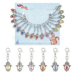 18Pcs 6 Colors Hamsa Hand Alloy Locking Stitch Marker, with Acrylic Beads, Crochet Lobster Clasp Charm, Mixed Color, 36mm, 3pcs/color(HJEW-AB00618)