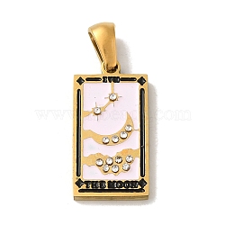 304 Stainless Steel Pendants, with Enamel and Glass Rhinestone, Rectangle with Tarot Charm, Golden, Pink, 19x10.5x2.5mm, Hole: 4x7mm(STAS-C100-02A-G)