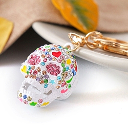 Alloy Rhinestone Skull Pendants Keychain, White, 40x30mm(PW-WG6EDB8-03)