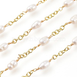 Handmade Beaded Brass Cable Chain, with Natural Freshwater Pearl Beads, Soldered, Golden, Link: 3x2.5x0.5mm, Pearl: 6.5x4x4mm, about 25yards/roll(22.86m/roll)(CHC-A003-08G)